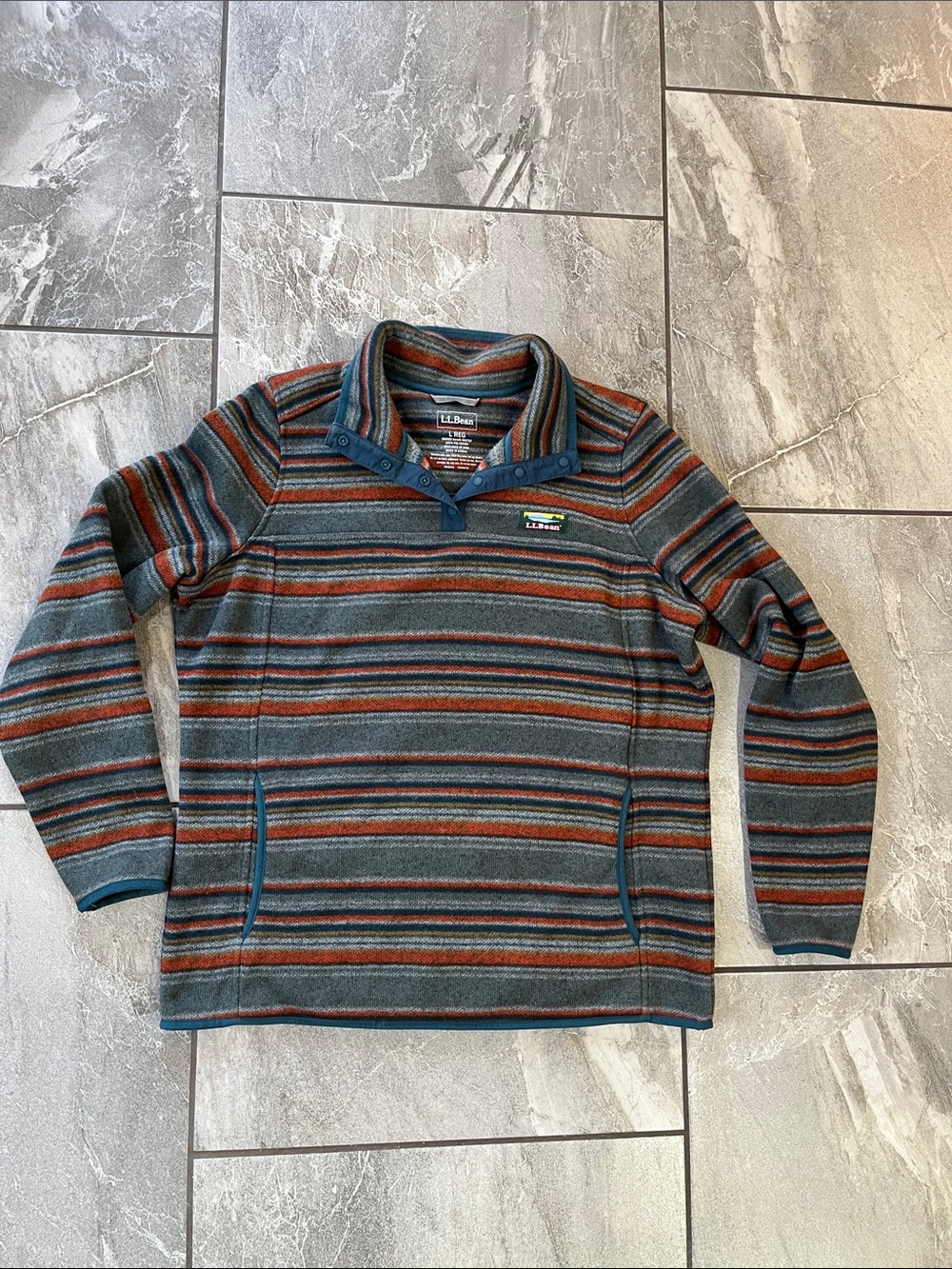 🧡 L.L. Bean Striped Pullover Quarter Snap Size Large Cozy Warm Sweatshirt